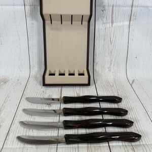 CUTCO Steak Table Knives 1759 Dark Brown Handles Matching Set of 4 In Holder USA